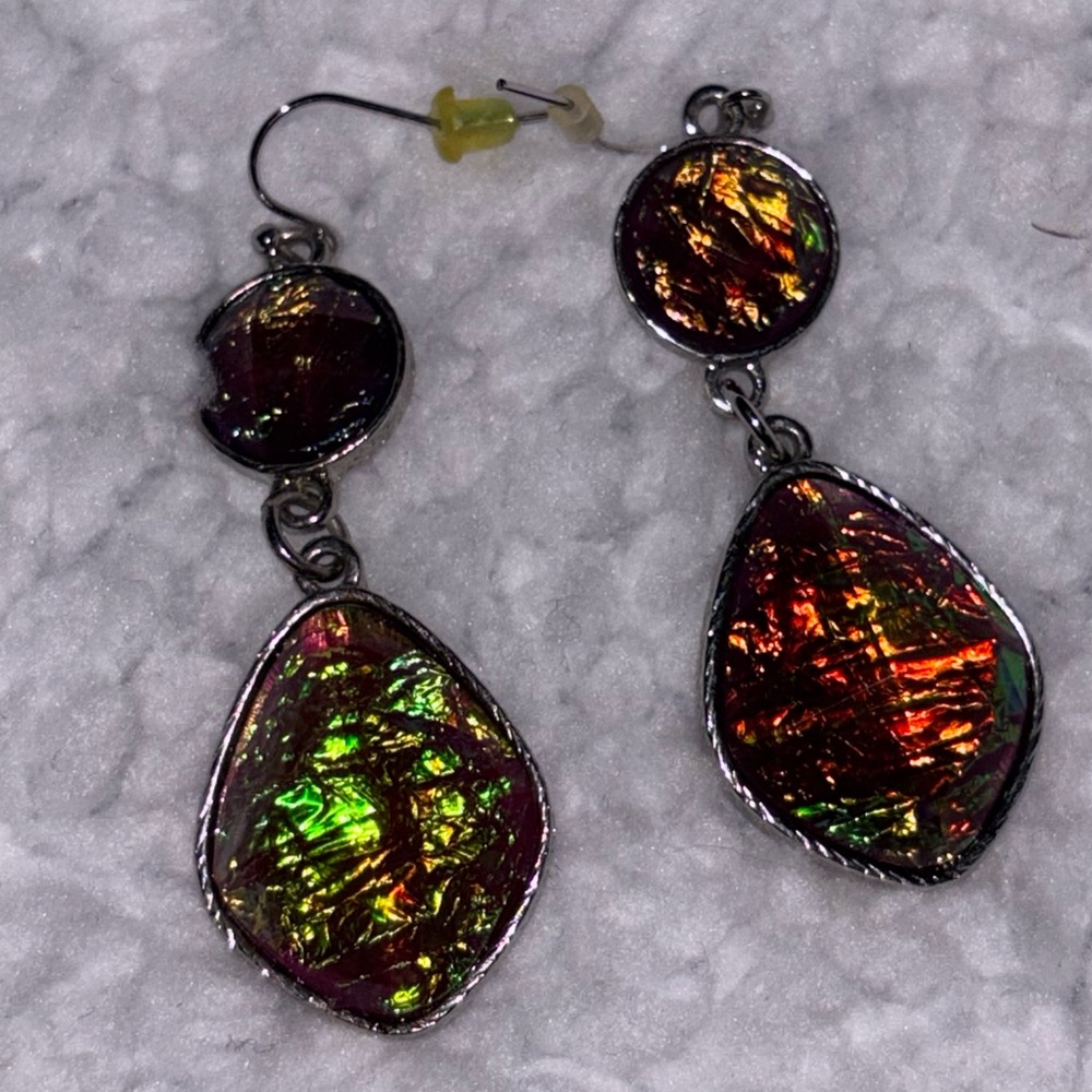 Titanium Druzy Gemstone Silver Tone Handmade Dangle Earrings THEY GLOW